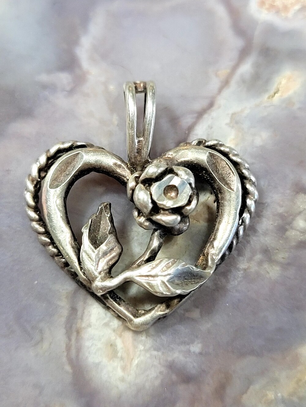 Sterling Silver Heart Rose Pendant